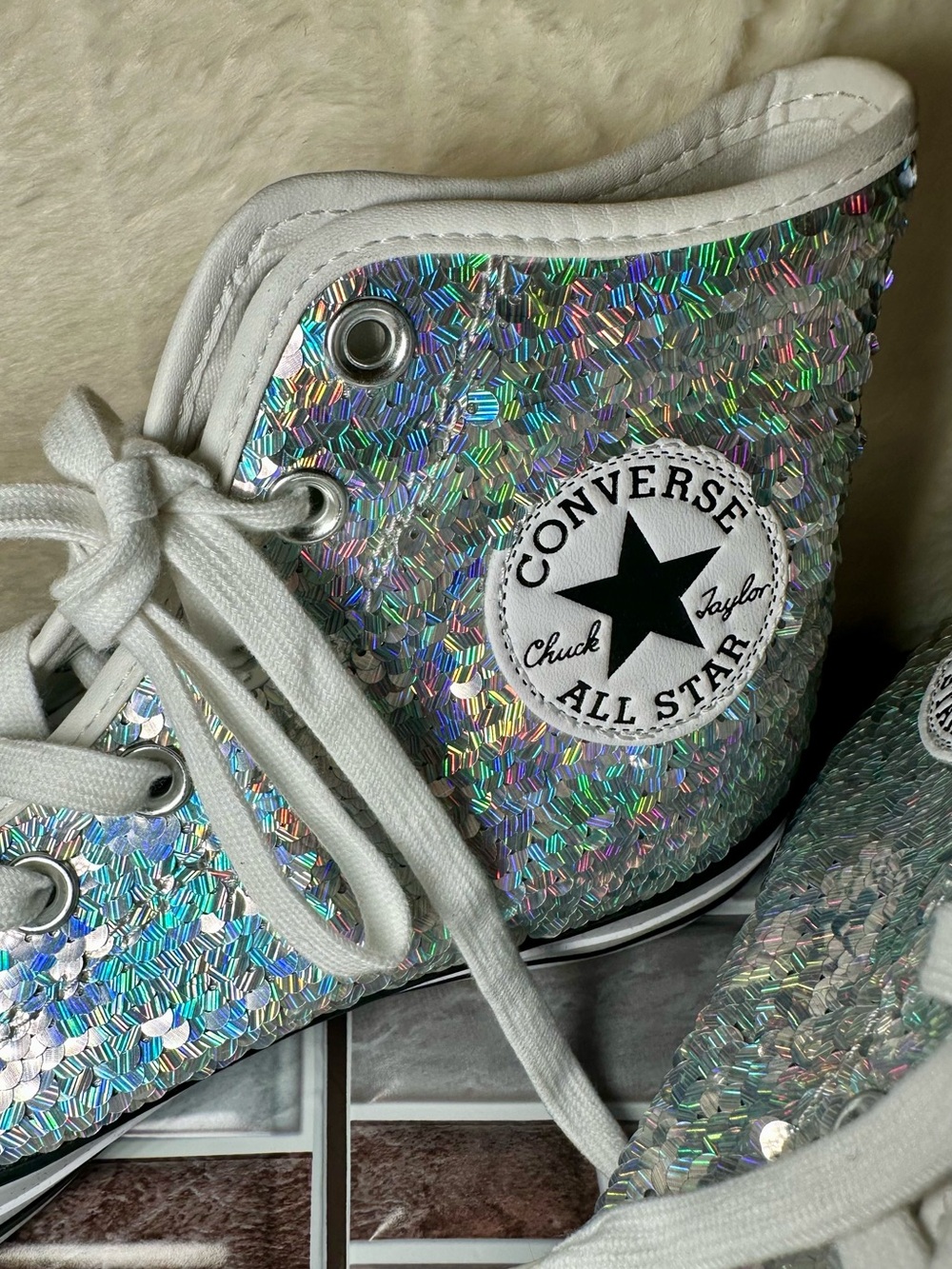 Rare Converse Chuck Taylor All Star High Mini Sequins Silver Hi Tops 8 - Picture 6 of 13